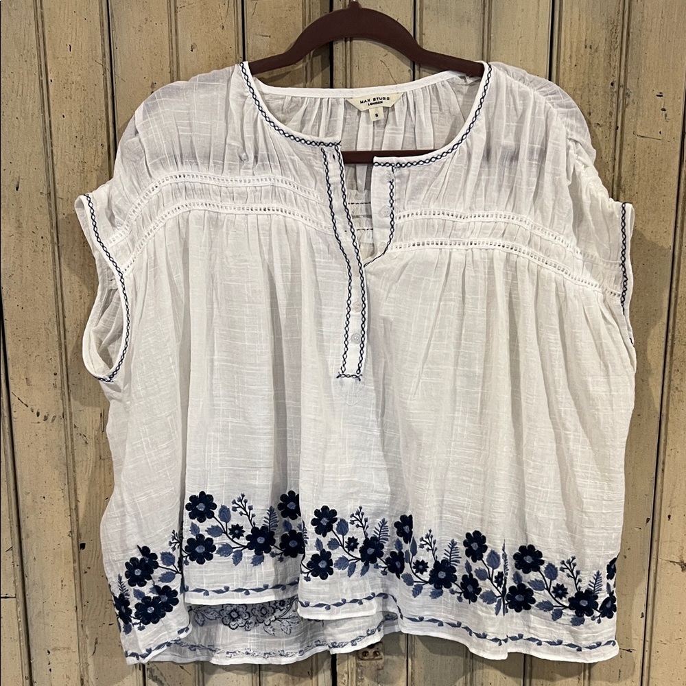 Max Studio White Blouse with Navy Floral Embroidery